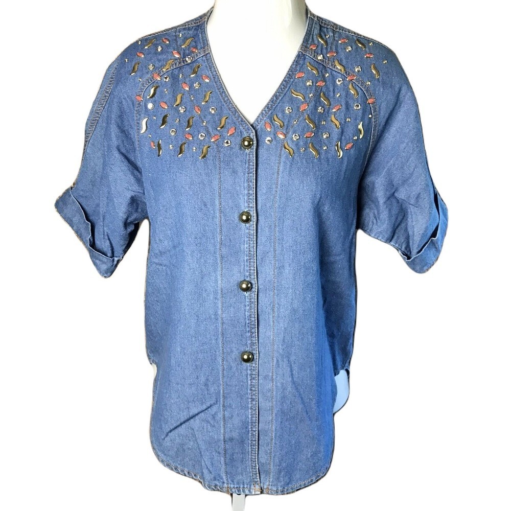 Bingo! Bingo! Vintage Button Up Denim Jean Shirt ~ Sz 8P ~ Blue ~ Bling